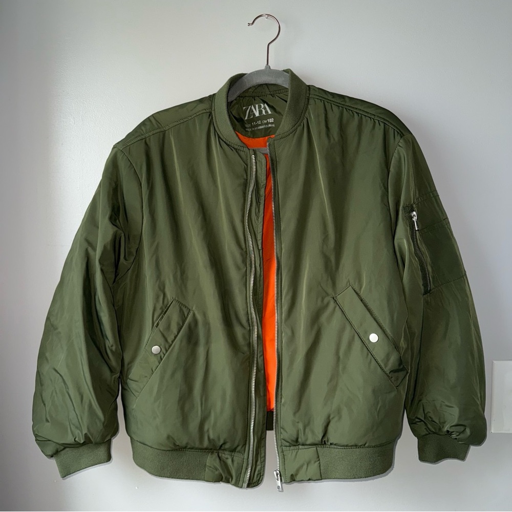Zara Khaki Green Bomber Jacket with Orange Lining